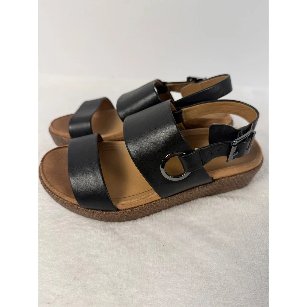 Vionic‎ Women's Black Leather Strappy Sandals Slingback Comfort Footbed